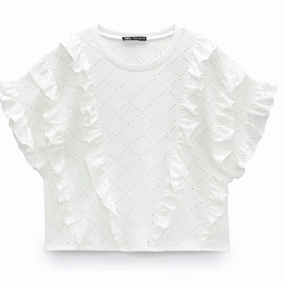 Zara White EMBROIDERED PERFORATED Short Sleeve Top Shirt Womens SIZE Medium - Picture 4 of 6